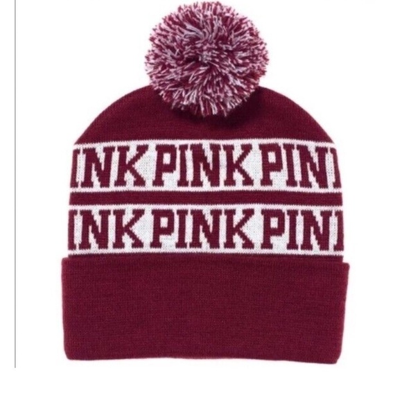 PINK Logo'd Women’s Maroon Pom-Pom Beanie - Picture 1 of 6